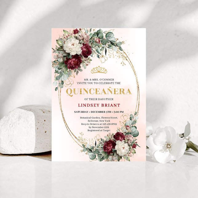 Rustic Boho Deep Red Floral Gold Quinceañera Invit Einladung (Rustic Boho Deep Red Floral Gold Quinceañera Invitation)