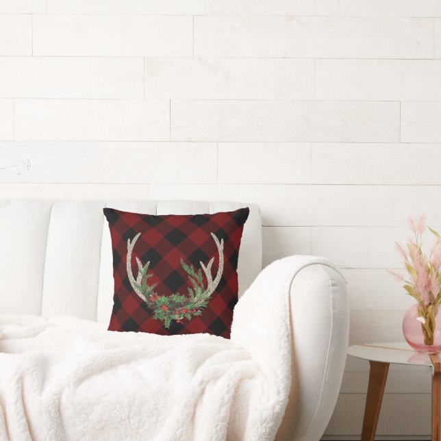 Rustic Boho Deer Antlers | Christmas Kariert Flora Kissen (Liege)