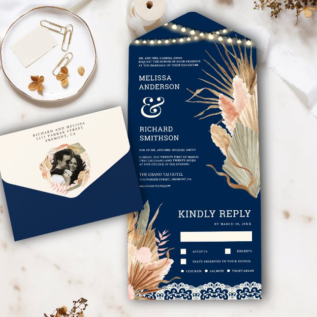 Rustic Boho Dried Palm Pampas Navy Blue Wedding All In One Einladung (Von Creator hochgeladen)