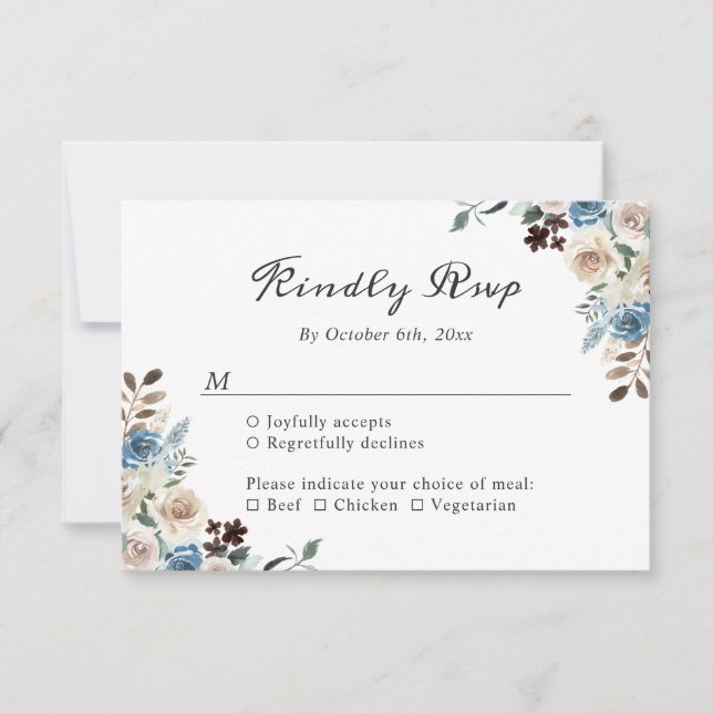 Rustic Boho Dusty Blue Floral Wedding RSVP Karte (Vorderseite)