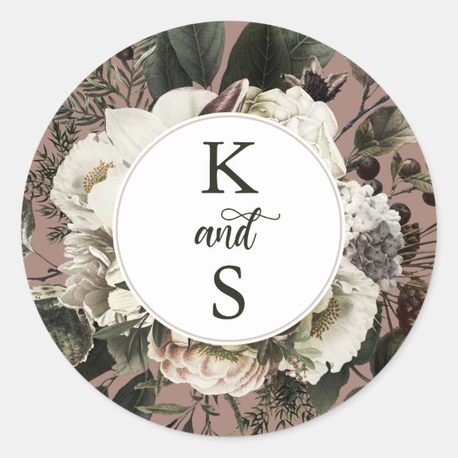 Rustic Boho Dusty Pink Floral Wedding Monogram Cla Runder Aufkleber (Vorderseite)