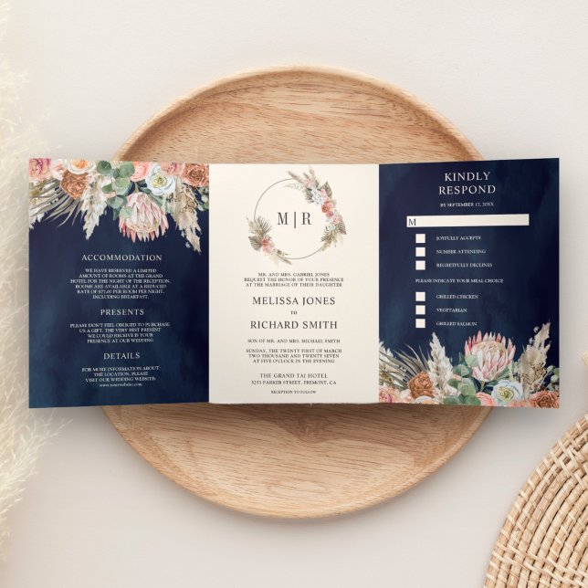 Rustic Boho Earthy Floral Pampas Navy Blue Wedding Dreifach Gefaltete Einladung (Von Creator hochgeladen)