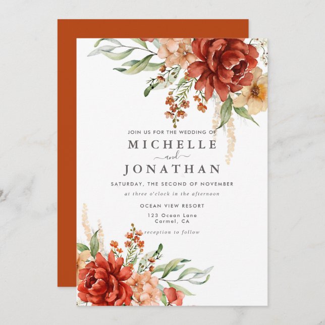 Rustic Boho Fall Blume Hochzeit Einladung (Vorne/Hinten)