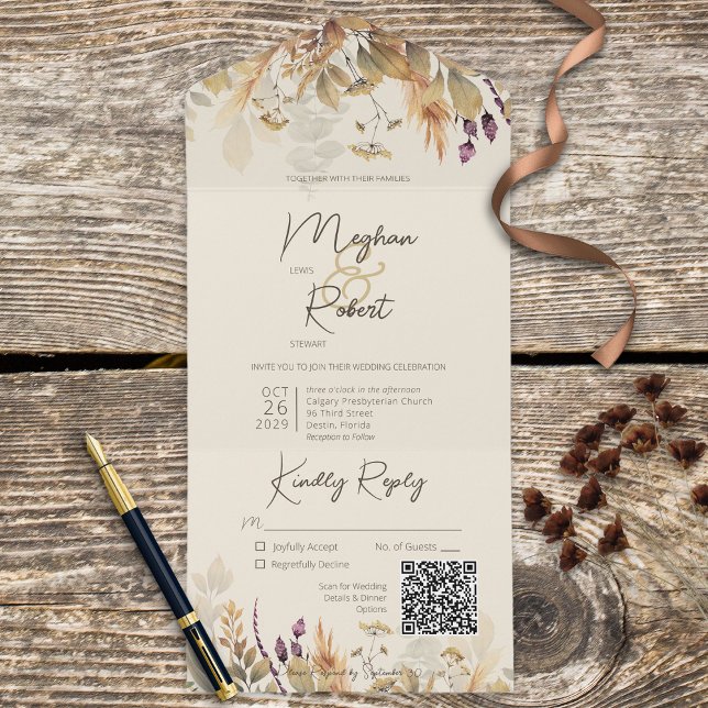 Rustic Boho Fall Wildblumen Creme QR Code All In One Einladung (Von Creator hochgeladen)