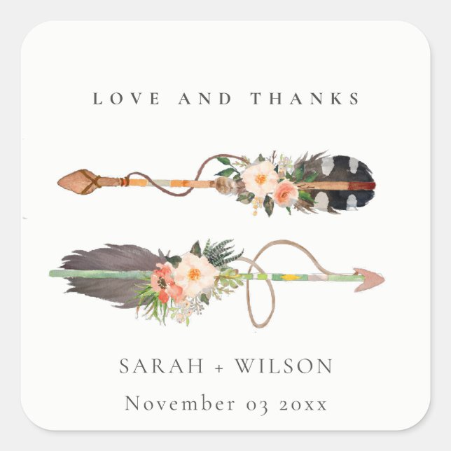 Rustic Boho Feather Floral Arrow Wedding Danke Quadratischer Aufkleber (Vorderseite)