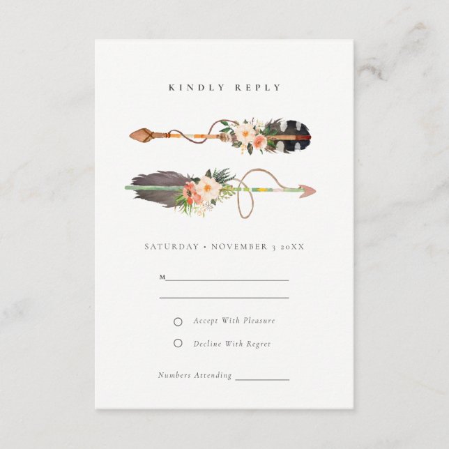 Rustic Boho Feather Floral Arrow Wedding RSVP Begleitkarte (Vorderseite)