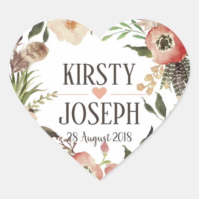 Rustic Boho Feather Floral Wreath Wedding Sticker (Vorderseite)