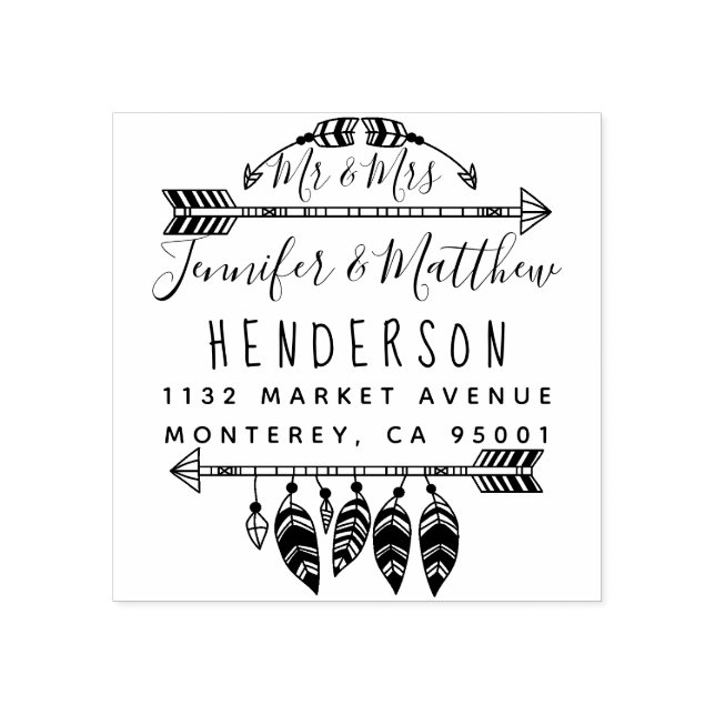 Rustic Boho Feathers and Arrows Mr. & Mrs. Address Gummistempel (Prägung)