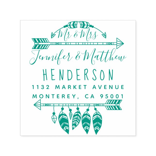 Rustic Boho Feathers and Arrows Mr. & Mrs. Address Permastempel (Design)