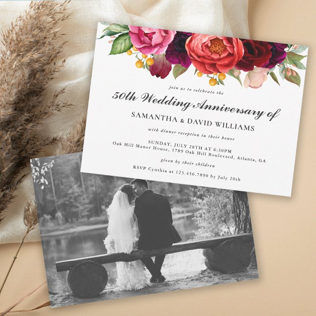 Rustic Boho Floral 50 Jahre Jubiläum mit Foto Einladung (Add a favorite wedding photo to this lovely rustic 50th wedding anniversary invitation.
)