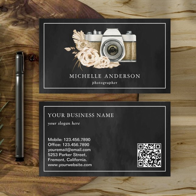 Rustic Boho Floral Camera QR Code Fotograf Visitenkarte (Von Creator hochgeladen)
