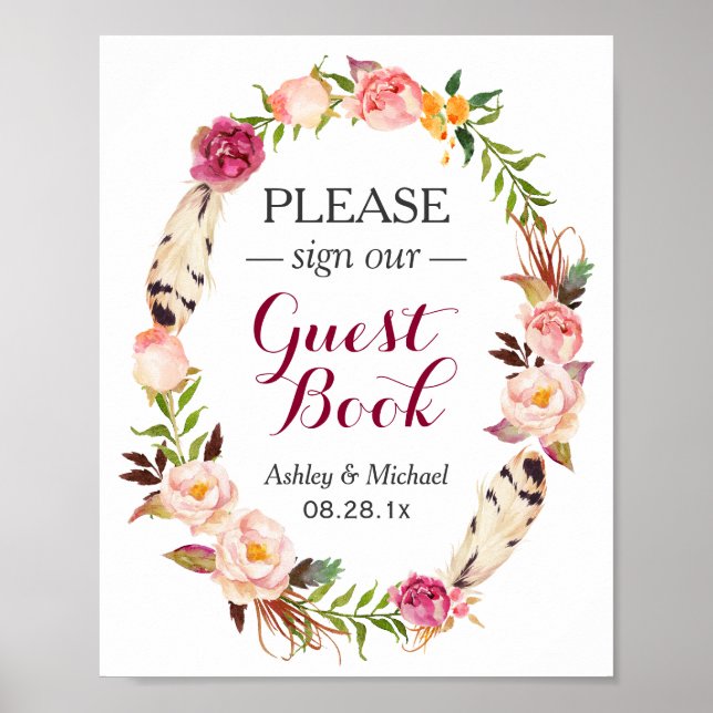 Rustic Boho Floral Wreath Guestbook Wedding Sign Poster (Vorne)