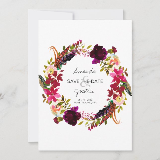 Rustic Boho Floral Wreath Save the Date Hochzeit (Vorderseite)