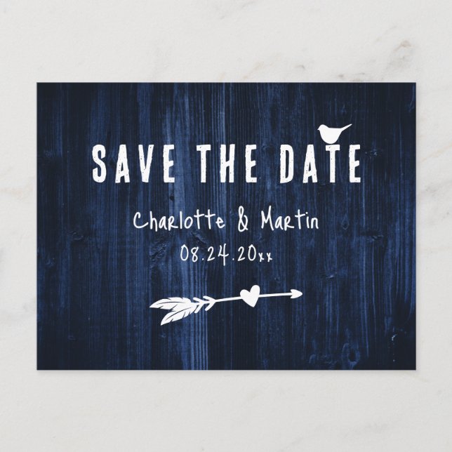 Rustic Boho Heart Navy Blue Wedding retten das Dat Postkarte (Vorderseite)