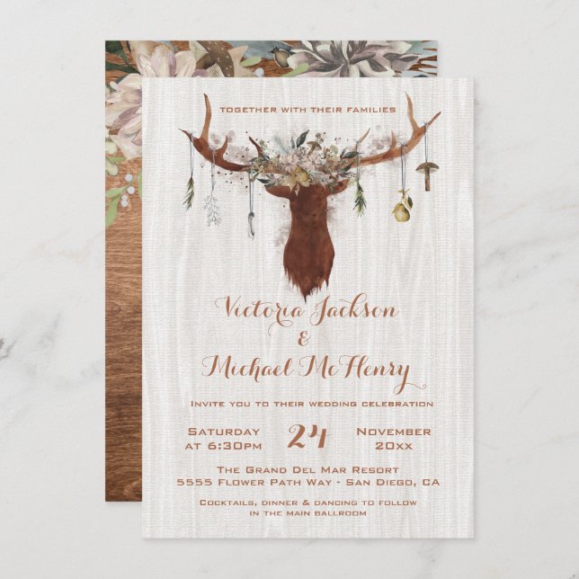 Rustic Boho Hochzeit Einladung mit Hirschliebhaber (Vorne/Hinten)