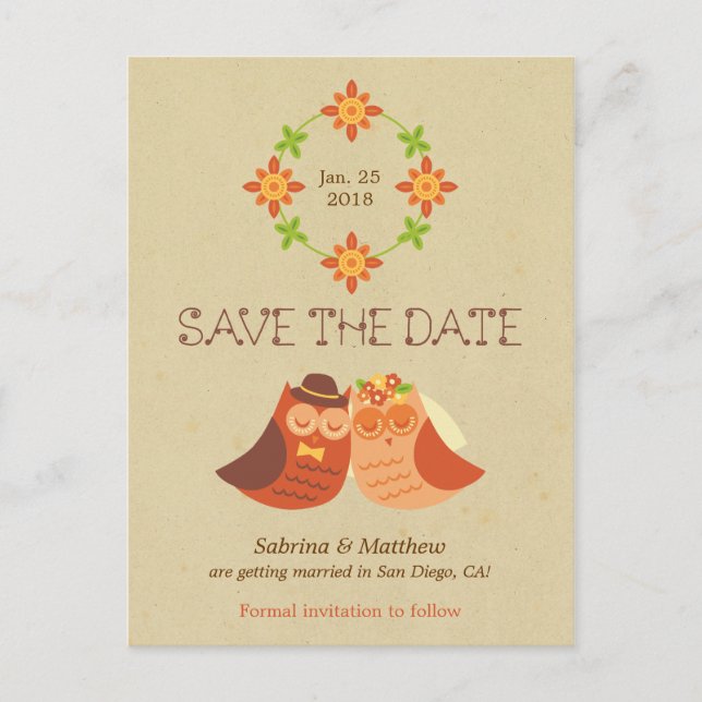 Rustic Boho Lovebird Owl Couple Wedding Ankündigungspostkarte (Vorderseite)