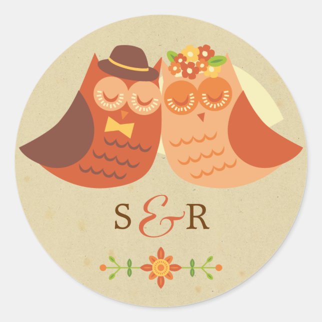 Rustic Boho Lovebird Owl Couple Wedding Runder Aufkleber (Vorderseite)