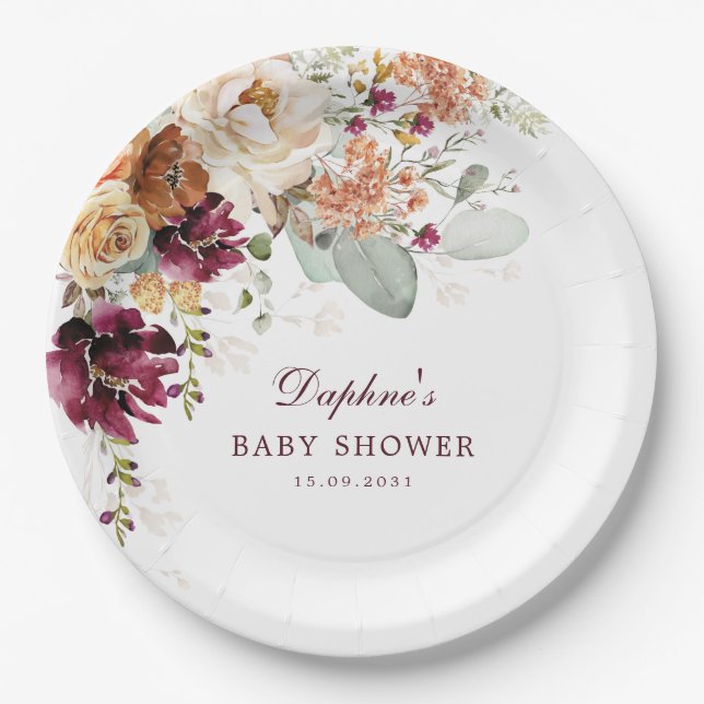 Rustic Boho Maroon Terracotta Floral Baby Dusche Pappteller (Vorderseite)