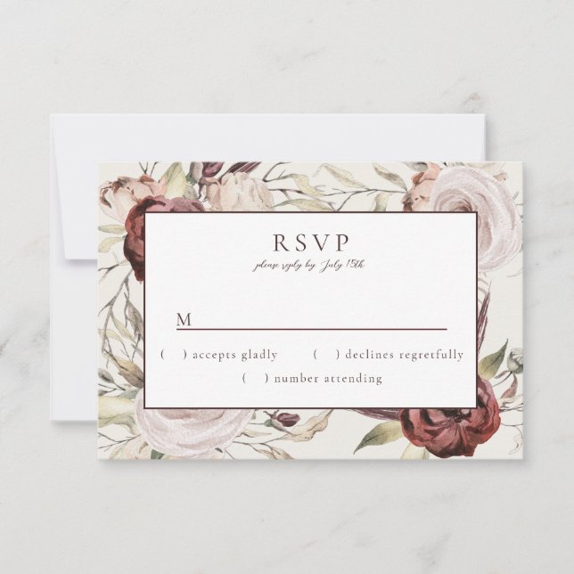 Rustic Boho Marsala Cream Floral RSVP Karte (Vorderseite)