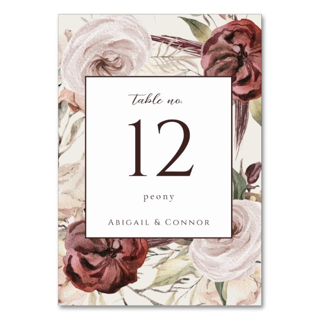 Rustic Boho Marsala Cream Floral Tischnummer (Vorderseite)
