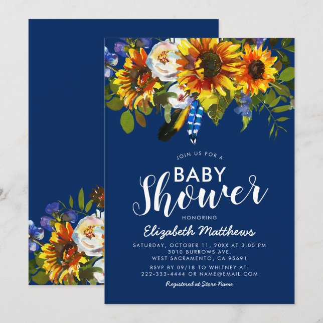 Rustic Boho Navy Blue Sunflower Baby Dusche Einladung (Vorne/Hinten)