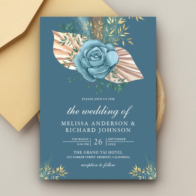 Rustic Boho Palm Dusty Blue Floral Wedding Einladung (Von Creator hochgeladen)