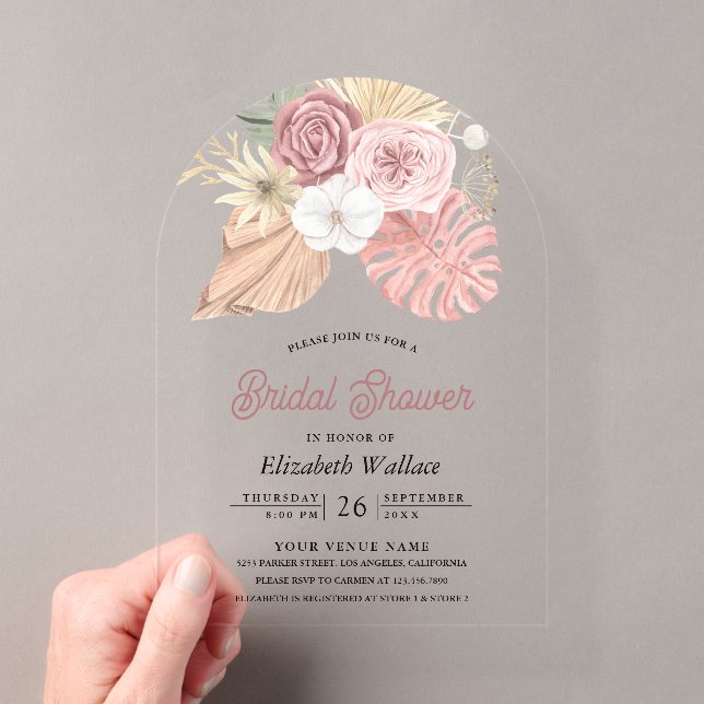 Rustic Boho Palm Dusty Pink Roses Bridal Shower Acryleinladungen (Insitu (Handheld))