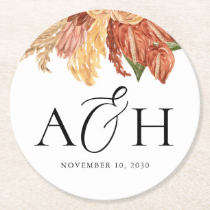 Rustic Boho Palm Leaf Monogram Wedding Runder Pappuntersetzer