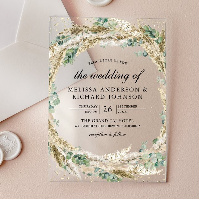 Rustic Boho Pampas Eucalyptus Wreath Wedding Acryleinladungen (Von Creator hochgeladen)