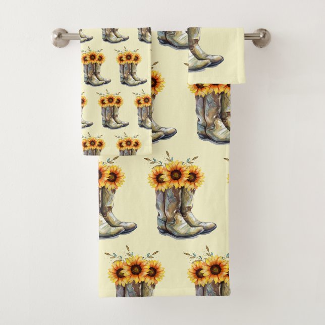 Rustic Boho Pattern - Cowboy Boots mit Sonnenblume Badhandtuch Set (Insitu)