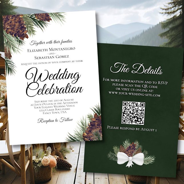 Rustic Boho Pinecones Eleganter QR Code Hochzeit Einladung (Front/Back)