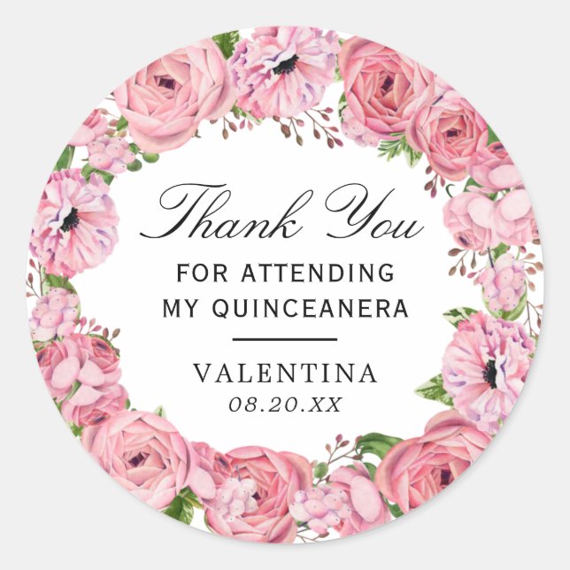 Rustic Boho Pink Floral Quinceanera Vielen Dank Runder Aufkleber (Vorderseite)