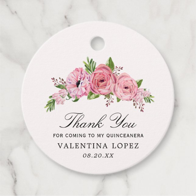Rustic Boho Pink Floral Quinceanerea Vielen Dank Geschenkanhänger (Vorderseite)