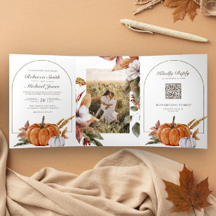 Rustic Boho Pumpkin Foto QR Code Wedding Dreifach Gefaltete Einladung