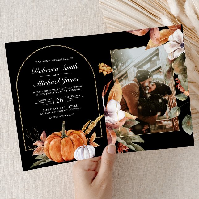 Rustic Boho Pumpkin Photo QR Code Black Wedding Einladung (Von Creator hochgeladen)