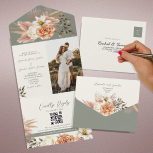 Rustic Boho Sage Green Floral Wedding All In One Einladung