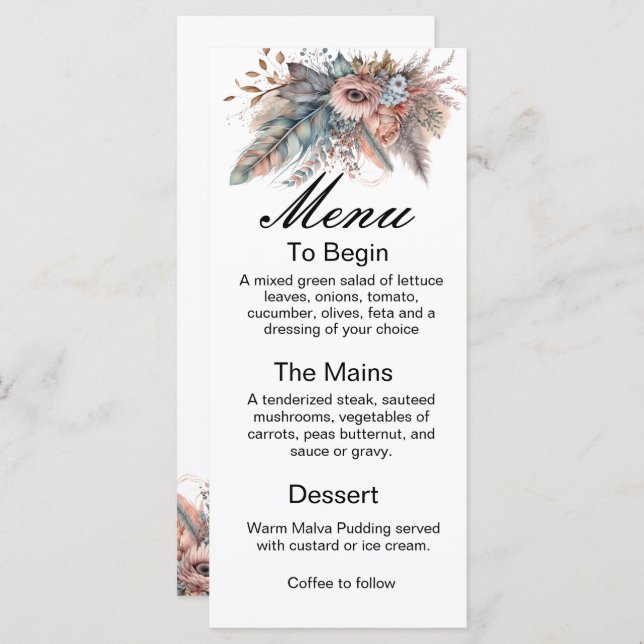 Rustic Boho Silver & Pink Floral Wedding Menu (Devant / Derrière)