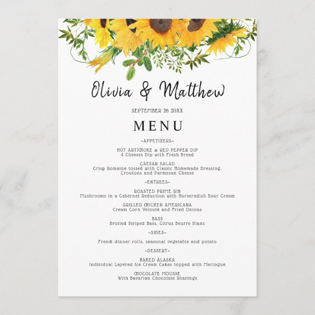 Rustic Boho Sonnenblume Blumenblume Bouquet Weddin Menükarte (Vorderseite)