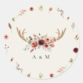 Rustic Boho Stag Deer Antlers Monogram Wedding Runder Aufkleber
