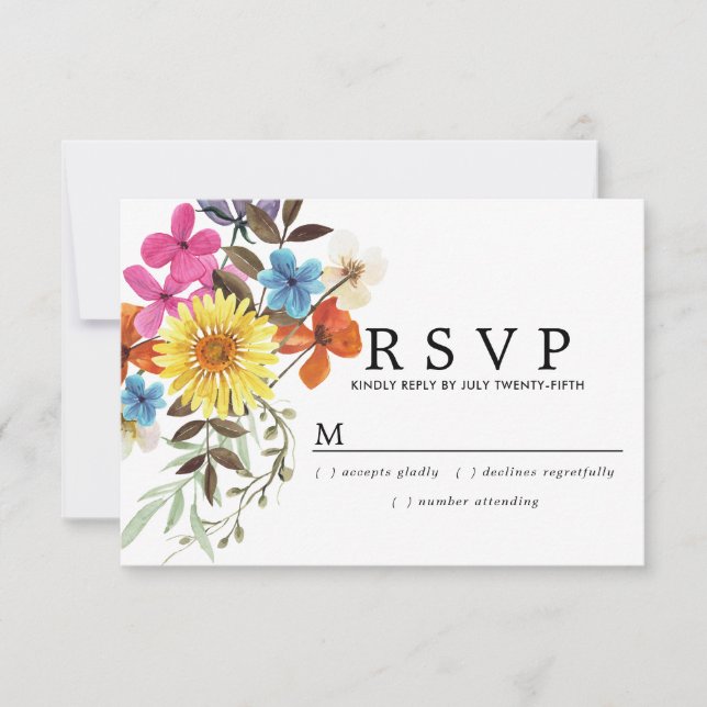 Rustic Boho Summer Wlidflower Wedding RSVP Karte (Vorderseite)