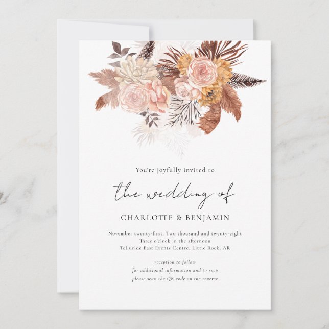 Rustic Boho Terracotta Floral QR Code Wedding Einladung (Vorderseite)