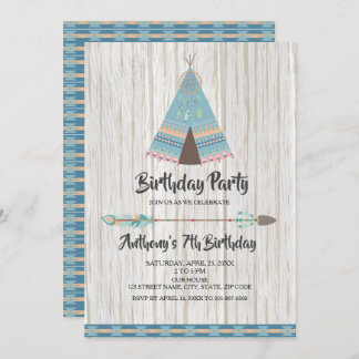 Rustic Boho Tribal Blue Teepday Party Einladung