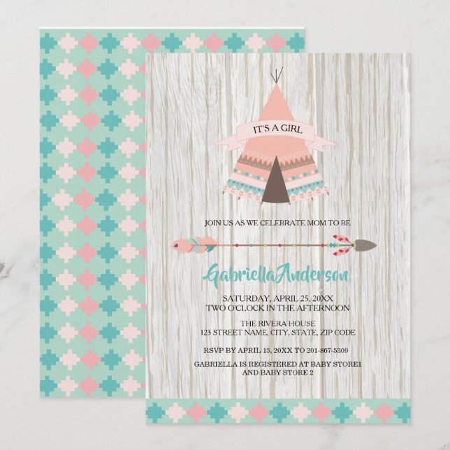 Rustic Boho Tribal Teepee Girl Baby Dusche Einladung (Vorne/Hinten)