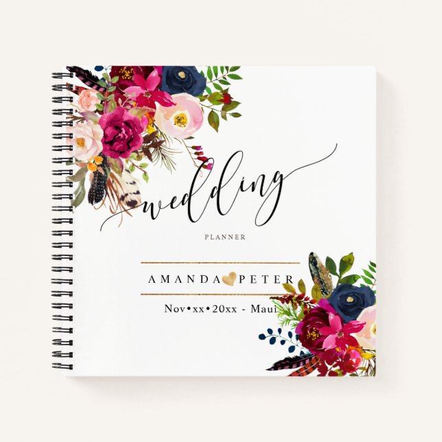 Rustic Boho Watercolor Blume Hochzeitsplaner Notizbuch (Vorderseite)
