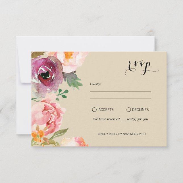 Rustic Boho Watercolor Blume Wedding RSVP Karte (Vorderseite)