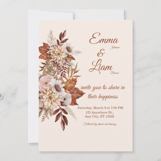 Rustic Boho Wedding Invitation | Beige Floral Card (Devant)