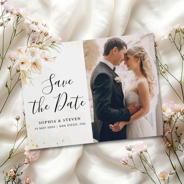 Rustic Boho Wedding with Neutral and Golden Floral Postkarte (Von Creator hochgeladen)