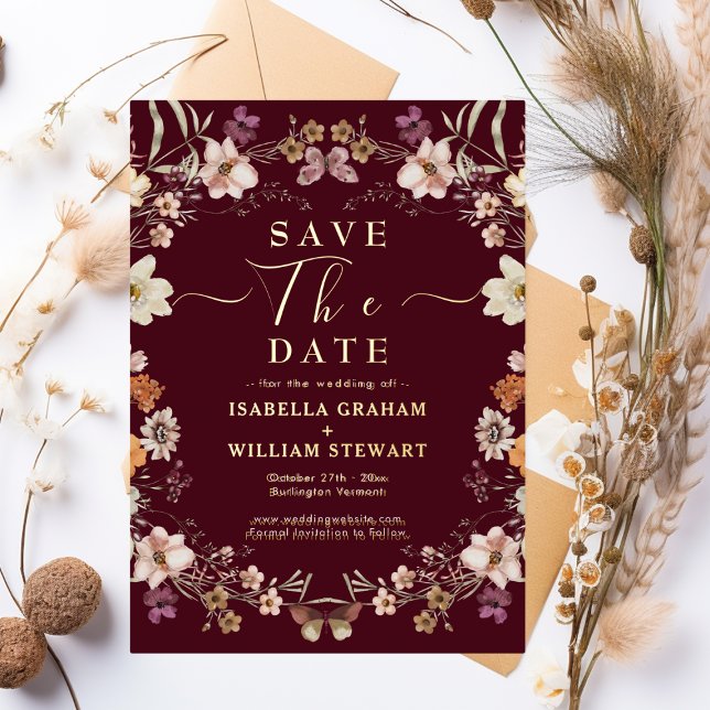 Rustic Boho Wildblume Burgundy Save the Date Folieneinladung (Von Creator hochgeladen)