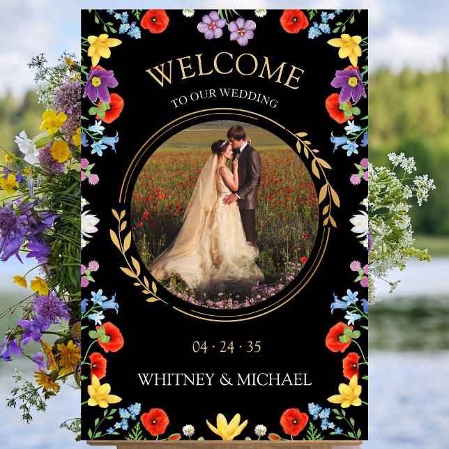 Rustic Boho Wildblume Foto Hochzeit Begrüßungszeic Poster (Rustic Boho Wildflower Photo Wedding Welcome Sign)