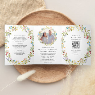 Rustic Boho Wildblume Foto QR Code Hochzeit Dreifach Gefaltete Einladung